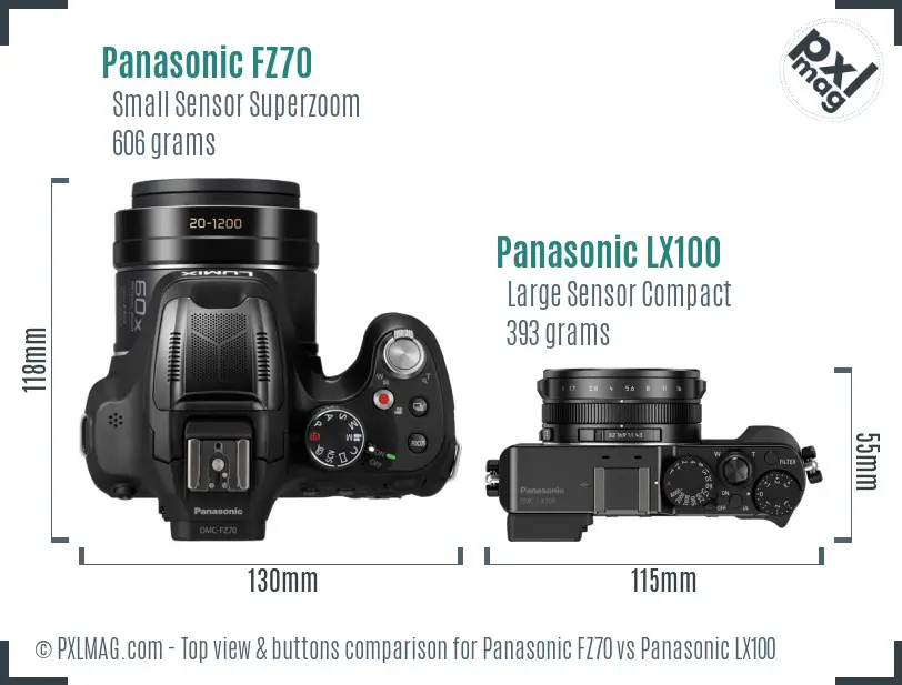 Panasonic FZ70 vs Panasonic LX100 top view buttons comparison
