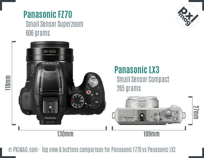 Panasonic FZ70 vs Panasonic LX3 top view buttons comparison
