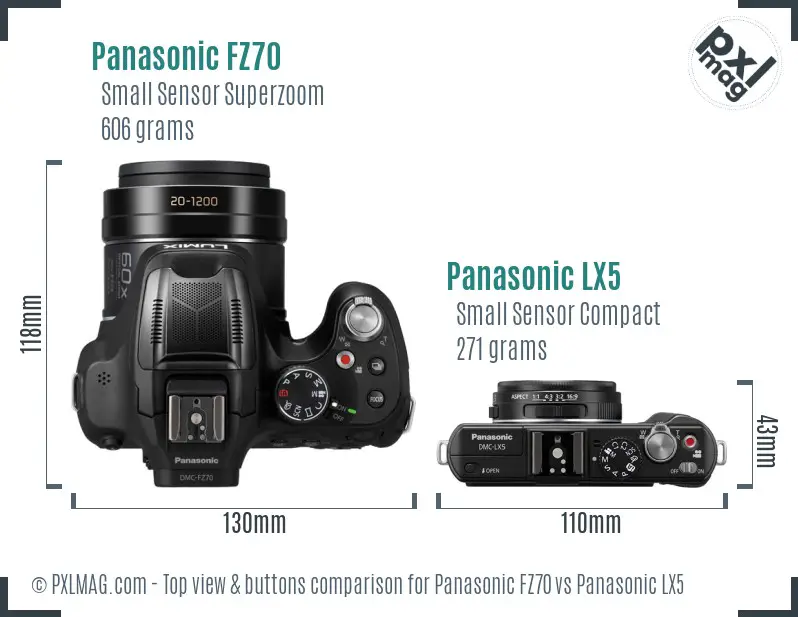 Panasonic FZ70 vs Panasonic LX5 top view buttons comparison
