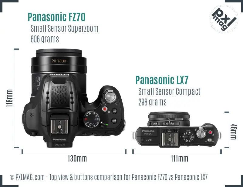 Panasonic FZ70 vs Panasonic LX7 top view buttons comparison