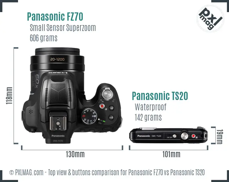 Panasonic FZ70 vs Panasonic TS20 top view buttons comparison