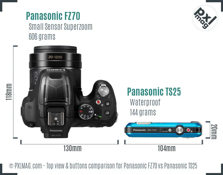 Panasonic FZ70 vs Panasonic TS25 top view buttons comparison