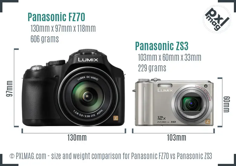 Panasonic FZ70 vs Panasonic ZS3 size comparison