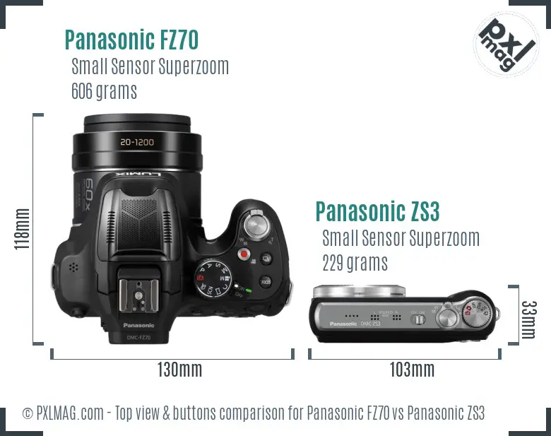 Panasonic FZ70 vs Panasonic ZS3 top view buttons comparison