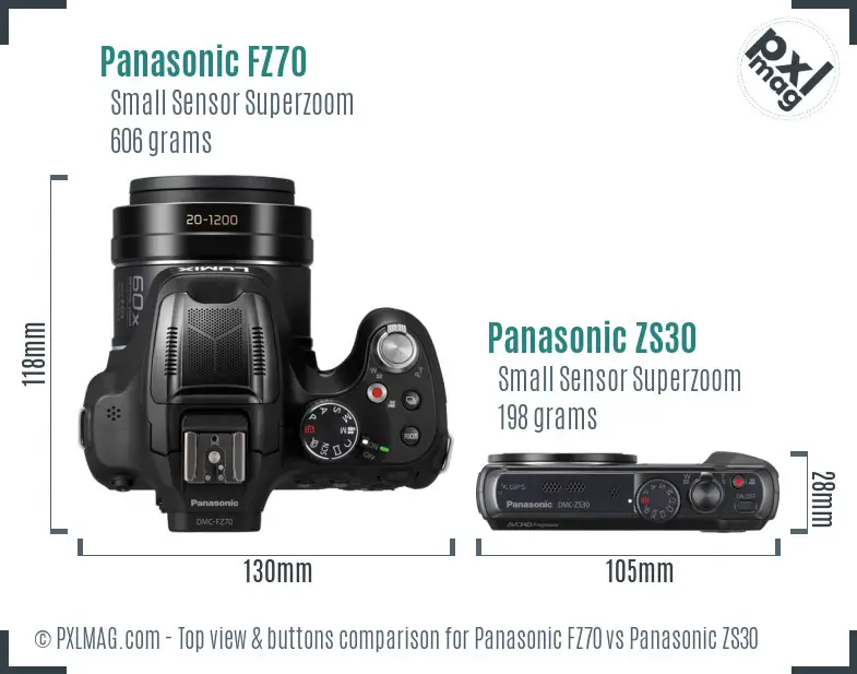 Panasonic FZ70 vs Panasonic ZS30 top view buttons comparison