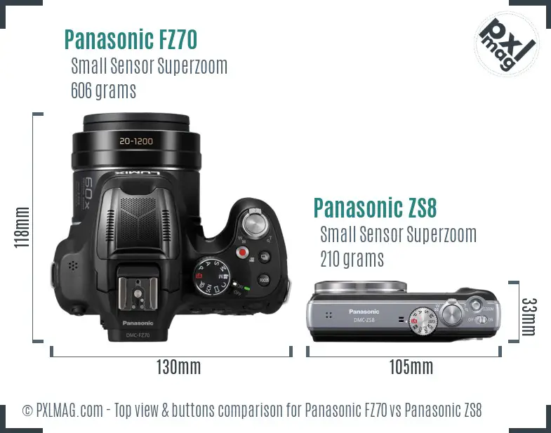 Panasonic FZ70 vs Panasonic ZS8 top view buttons comparison
