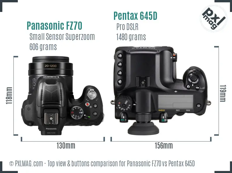 Panasonic FZ70 vs Pentax 645D top view buttons comparison