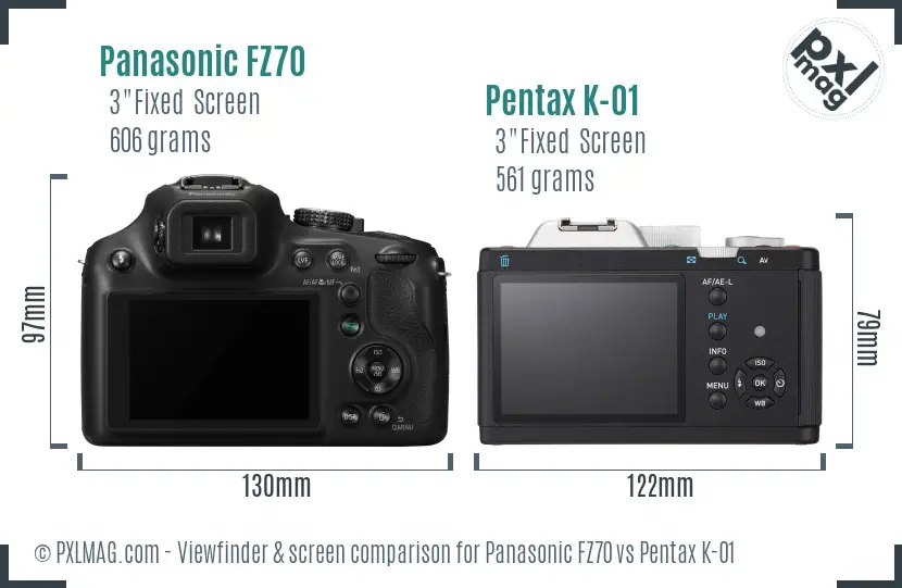 Panasonic FZ70 vs Pentax K-01 Screen and Viewfinder comparison