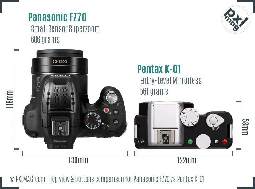 Panasonic FZ70 vs Pentax K-01 top view buttons comparison