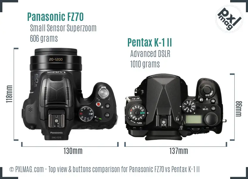 Panasonic FZ70 vs Pentax K-1 II top view buttons comparison