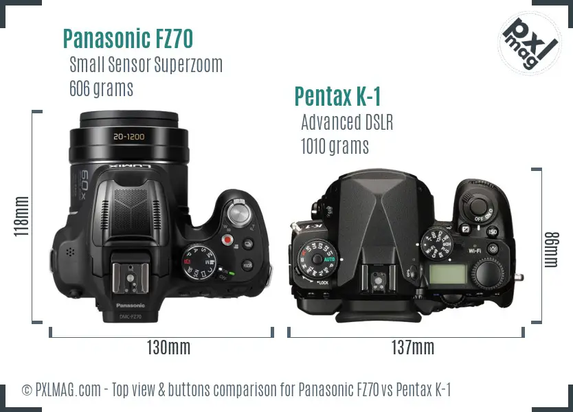 Panasonic FZ70 vs Pentax K-1 top view buttons comparison