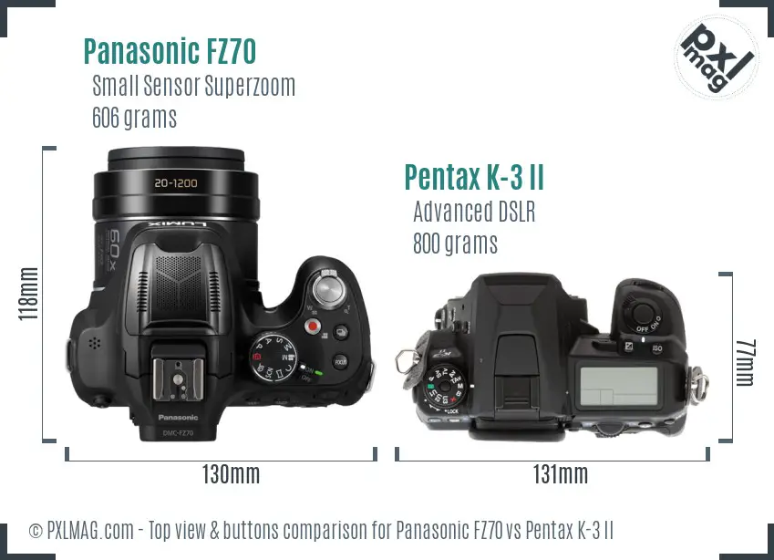 Panasonic FZ70 vs Pentax K-3 II top view buttons comparison
