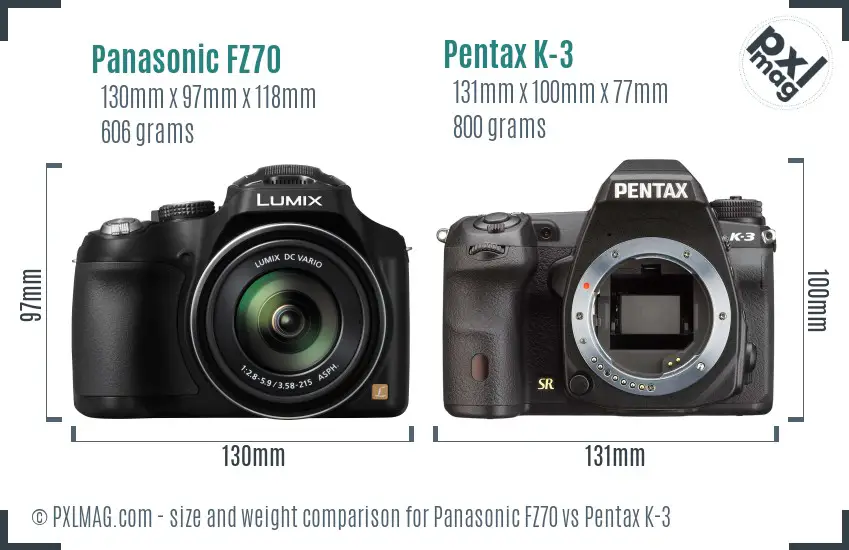 Panasonic FZ70 vs Pentax K-3 size comparison