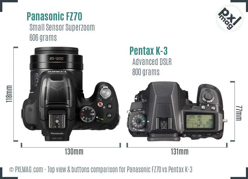 Panasonic FZ70 vs Pentax K-3 top view buttons comparison