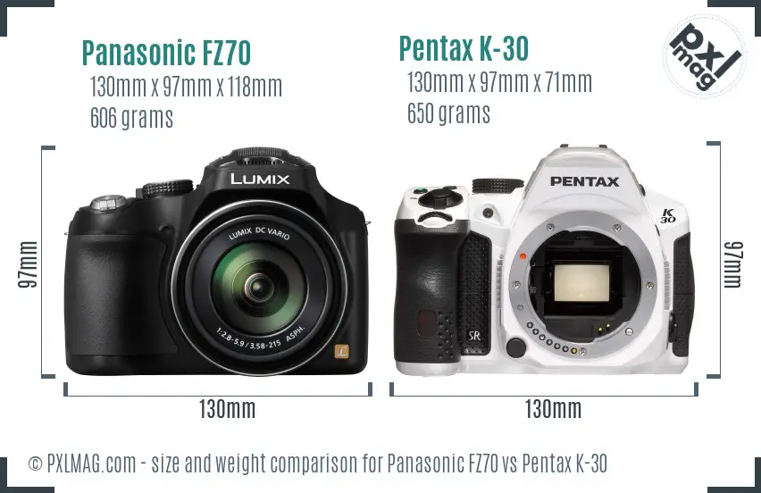Panasonic FZ70 vs Pentax K-30 size comparison