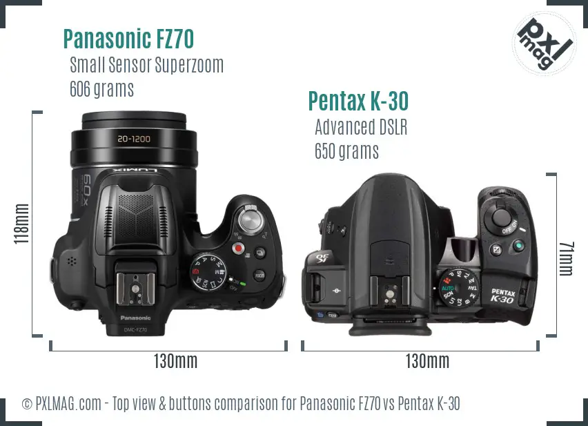 Panasonic FZ70 vs Pentax K-30 top view buttons comparison