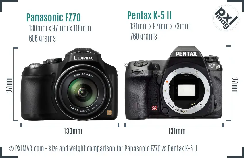 Panasonic FZ70 vs Pentax K-5 II size comparison