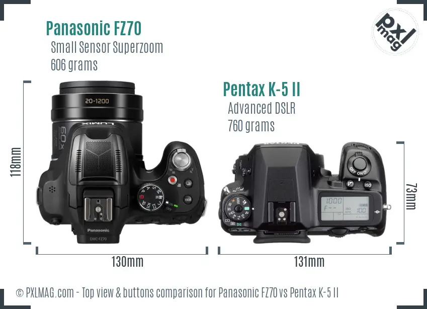 Panasonic FZ70 vs Pentax K-5 II top view buttons comparison