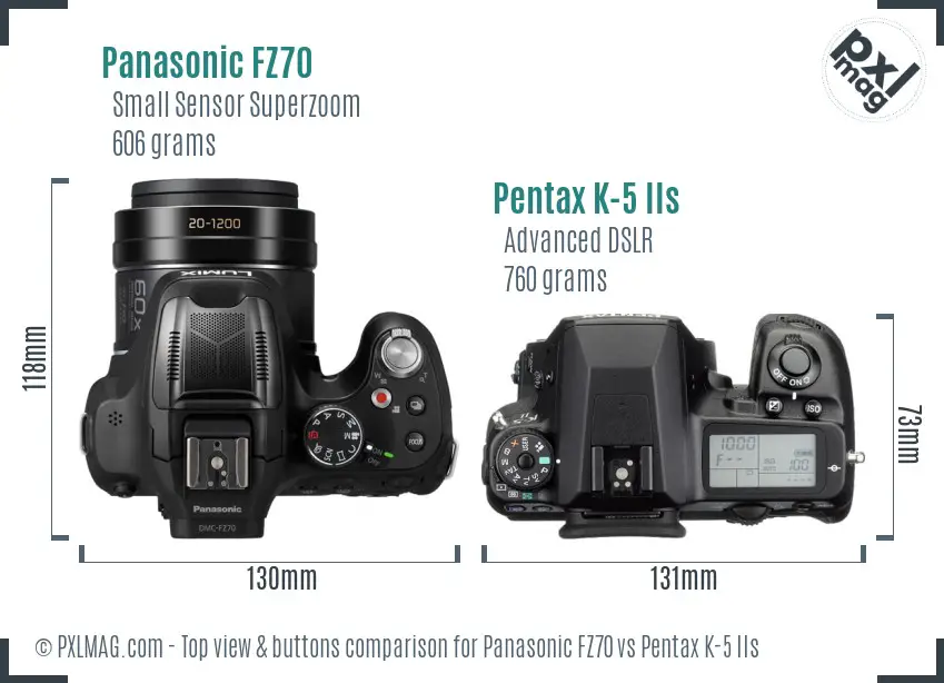 Panasonic FZ70 vs Pentax K-5 IIs top view buttons comparison