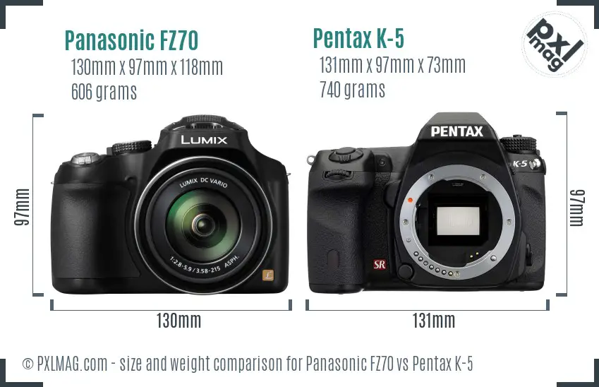 Panasonic FZ70 vs Pentax K-5 size comparison
