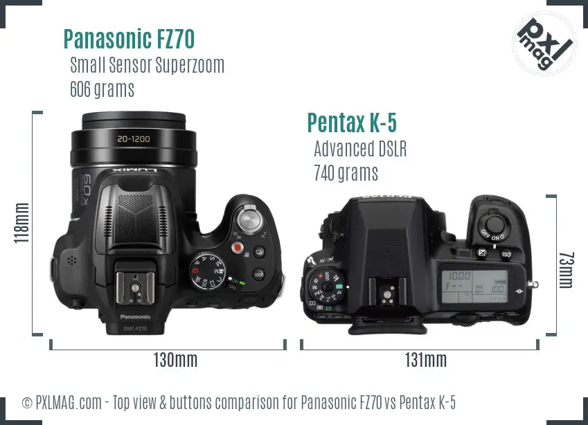 Panasonic FZ70 vs Pentax K-5 top view buttons comparison