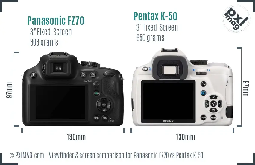 Panasonic FZ70 vs Pentax K-50 Screen and Viewfinder comparison