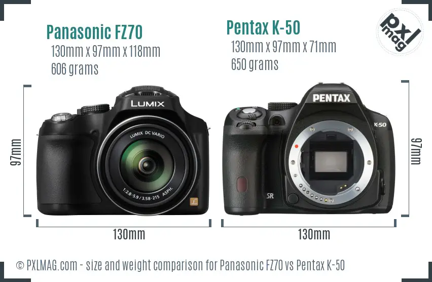 Panasonic FZ70 vs Pentax K-50 size comparison