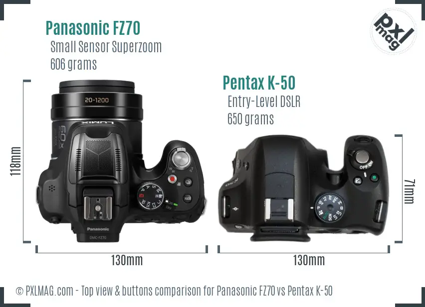 Panasonic FZ70 vs Pentax K-50 top view buttons comparison
