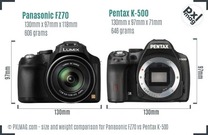 Panasonic FZ70 vs Pentax K-500 size comparison