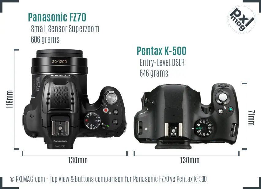 Panasonic FZ70 vs Pentax K-500 top view buttons comparison