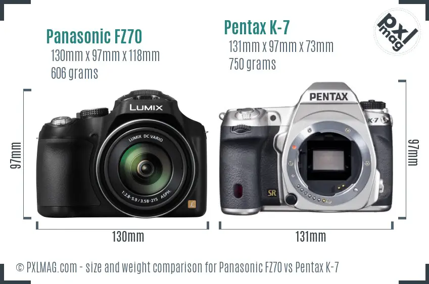 Panasonic FZ70 vs Pentax K-7 size comparison