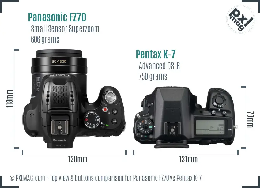 Panasonic FZ70 vs Pentax K-7 top view buttons comparison