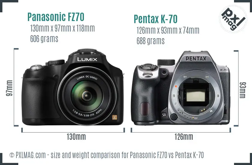 Panasonic FZ70 vs Pentax K-70 size comparison