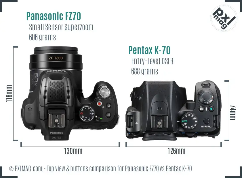Panasonic FZ70 vs Pentax K-70 top view buttons comparison