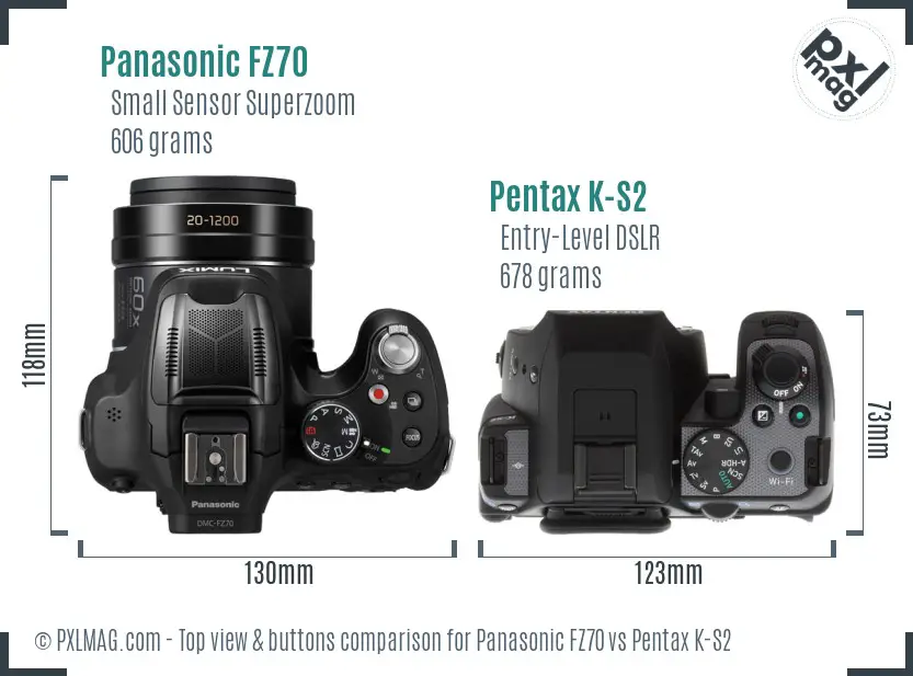 Panasonic FZ70 vs Pentax K-S2 top view buttons comparison