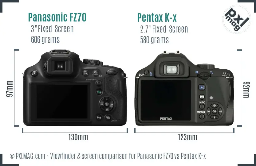 Panasonic FZ70 vs Pentax K-x Screen and Viewfinder comparison