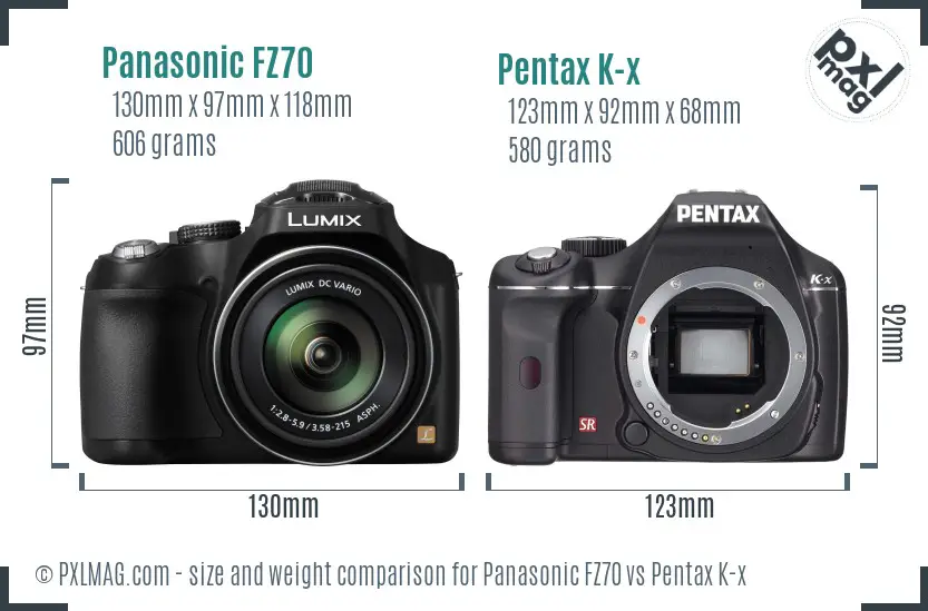 Panasonic FZ70 vs Pentax K-x size comparison
