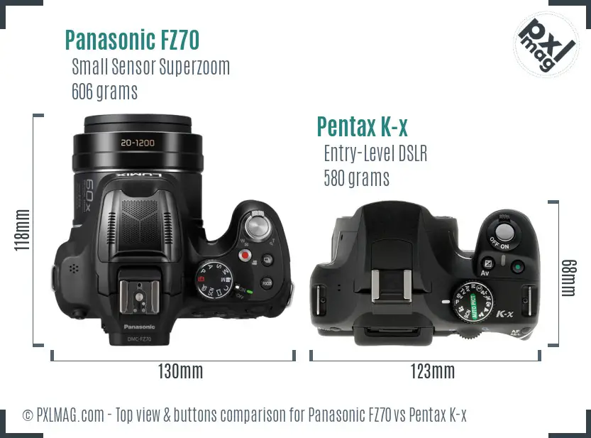 Panasonic FZ70 vs Pentax K-x top view buttons comparison