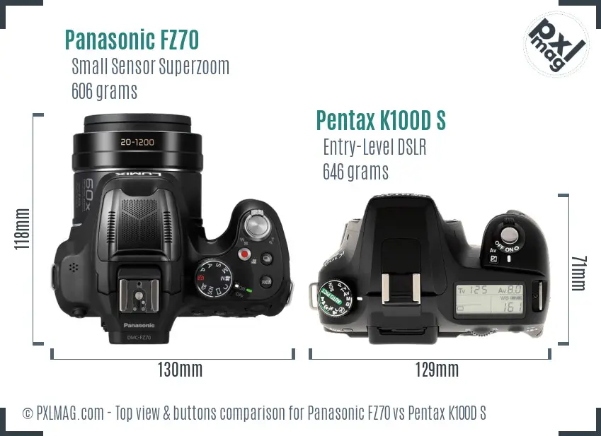 Panasonic FZ70 vs Pentax K100D S top view buttons comparison