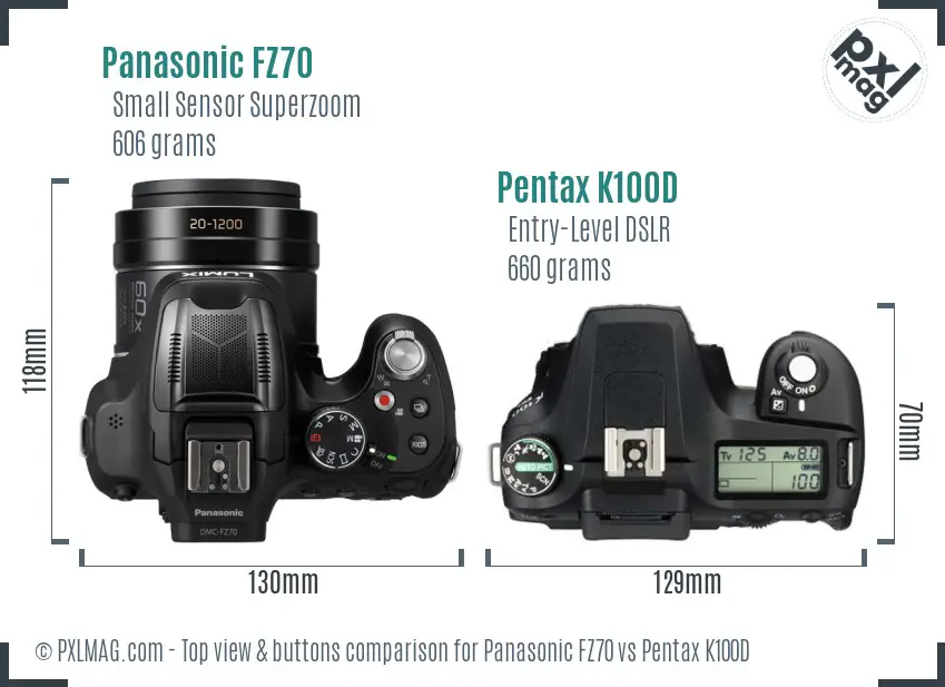Panasonic FZ70 vs Pentax K100D top view buttons comparison