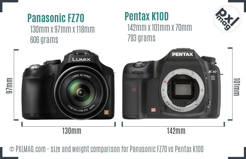 Panasonic FZ70 vs Pentax K10D size comparison