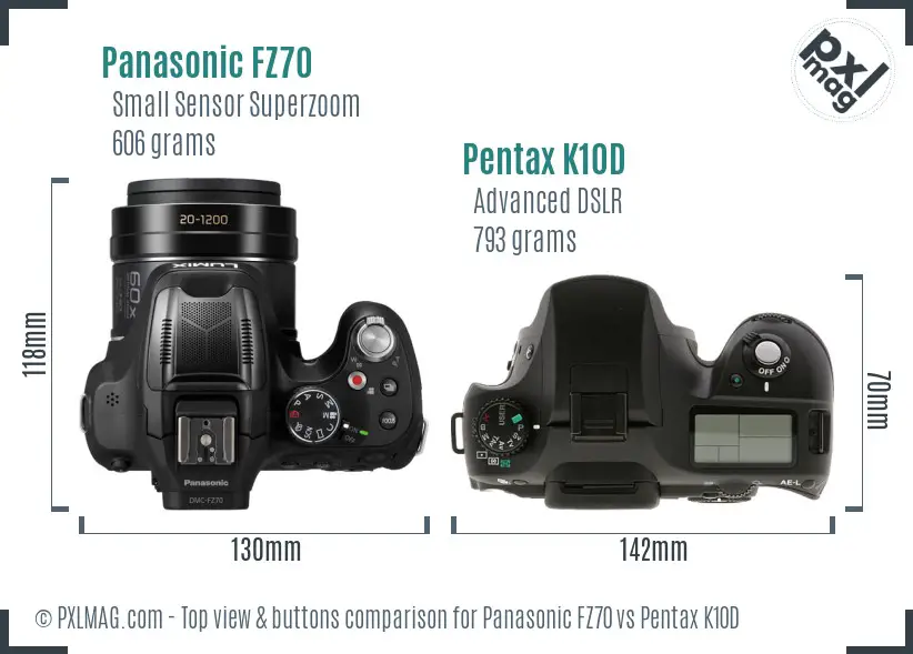 Panasonic FZ70 vs Pentax K10D top view buttons comparison
