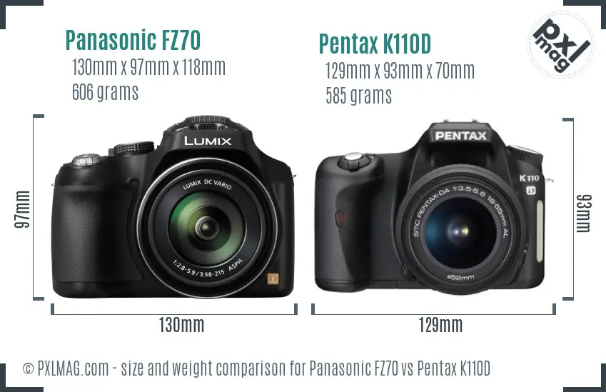 Panasonic FZ70 vs Pentax K110D size comparison