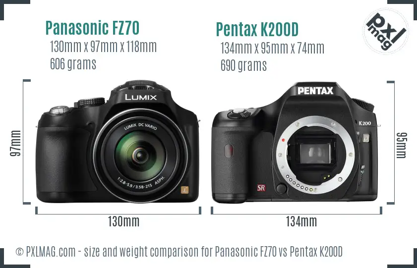 Panasonic FZ70 vs Pentax K200D size comparison