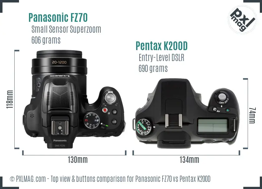 Panasonic FZ70 vs Pentax K200D top view buttons comparison