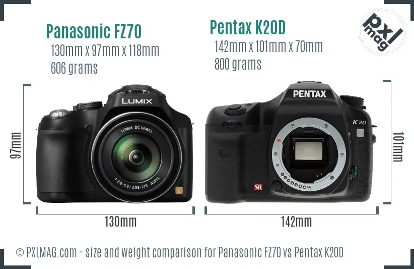 Panasonic FZ70 vs Pentax K20D size comparison