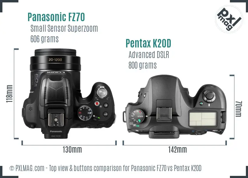 Panasonic FZ70 vs Pentax K20D top view buttons comparison