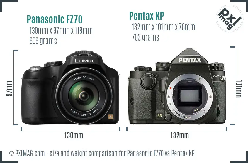 Panasonic FZ70 vs Pentax KP size comparison