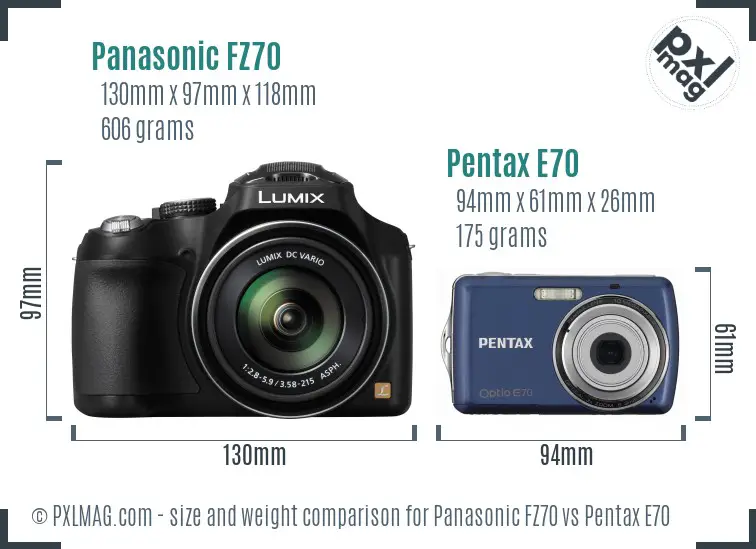 Panasonic FZ70 vs Pentax E70 size comparison