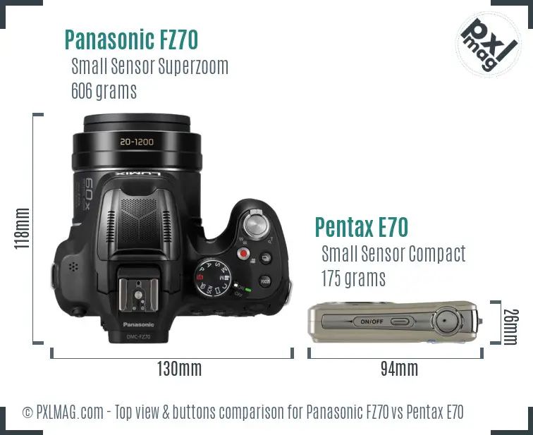 Panasonic FZ70 vs Pentax E70 top view buttons comparison